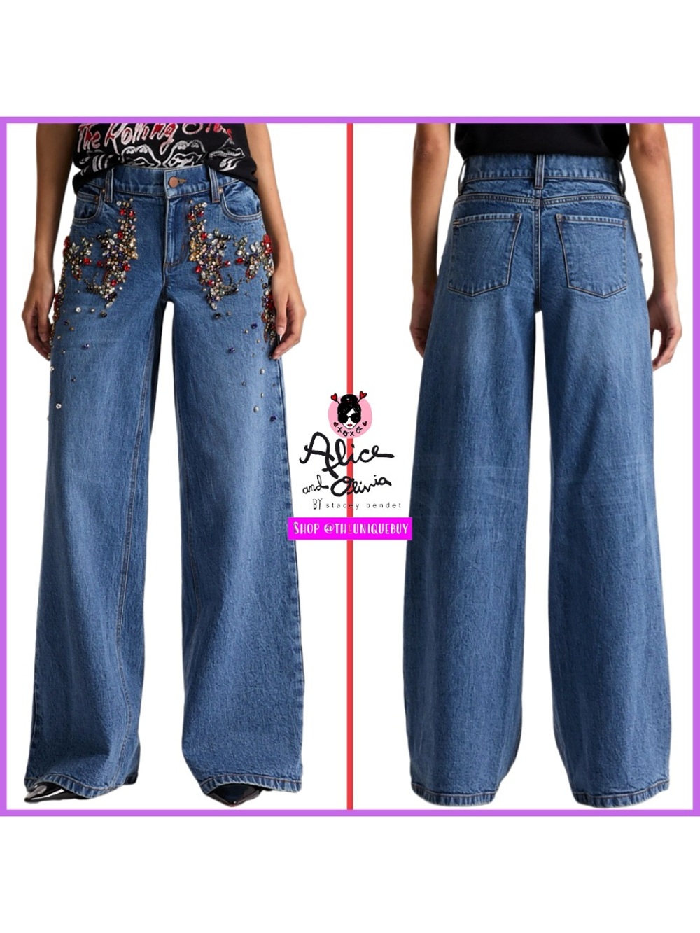 Alice + Olivia Amazing Crystal Embellished Wide Leg Jeans - Picture 6 of 11